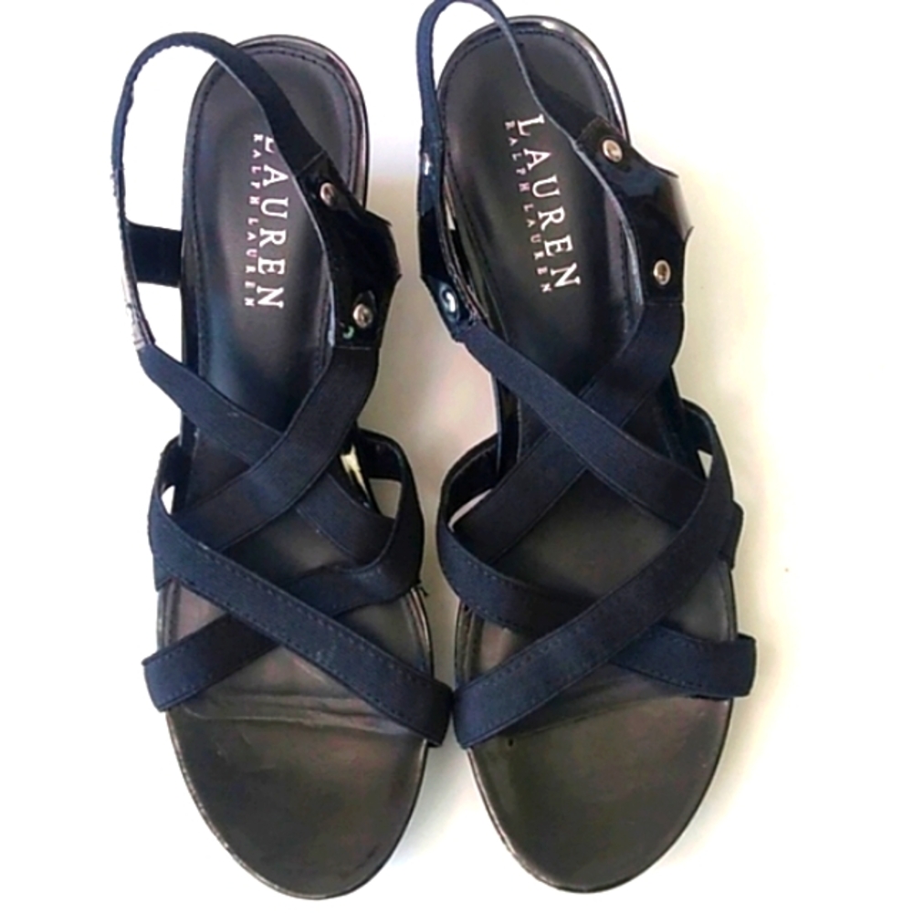 🎉HP🎉Lauren Ralph Lauren Leather Strappy Wedge Sandal, Black, 7B